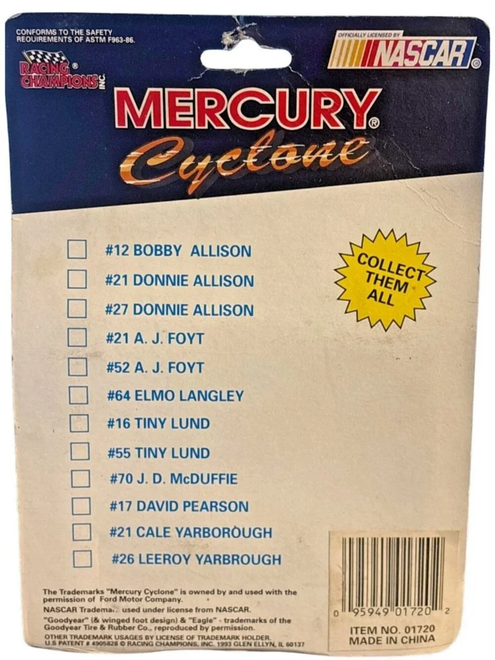 Vintage Die Cast Racing Champions Elmo Langley #64 Mercury Cyclone 1969 Stock Ca